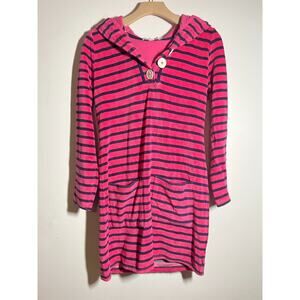 Boden Women's Pink Navy Blue Terry Long Sleeve Hooded Cover-Up Beach Dress US 4